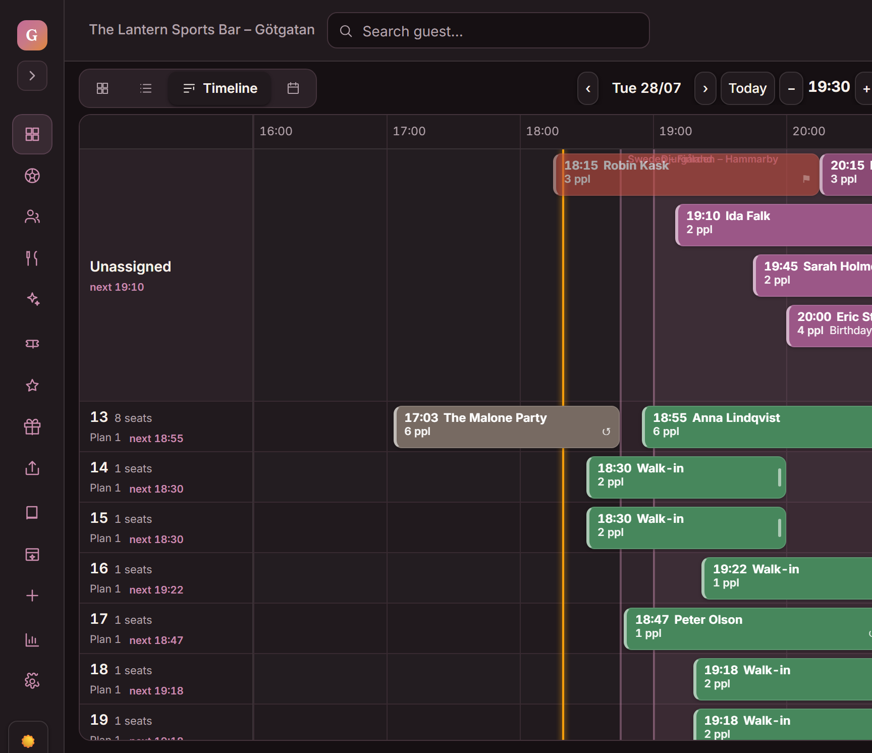 Goboblo timeline — bookings by table and time, drag and drop
