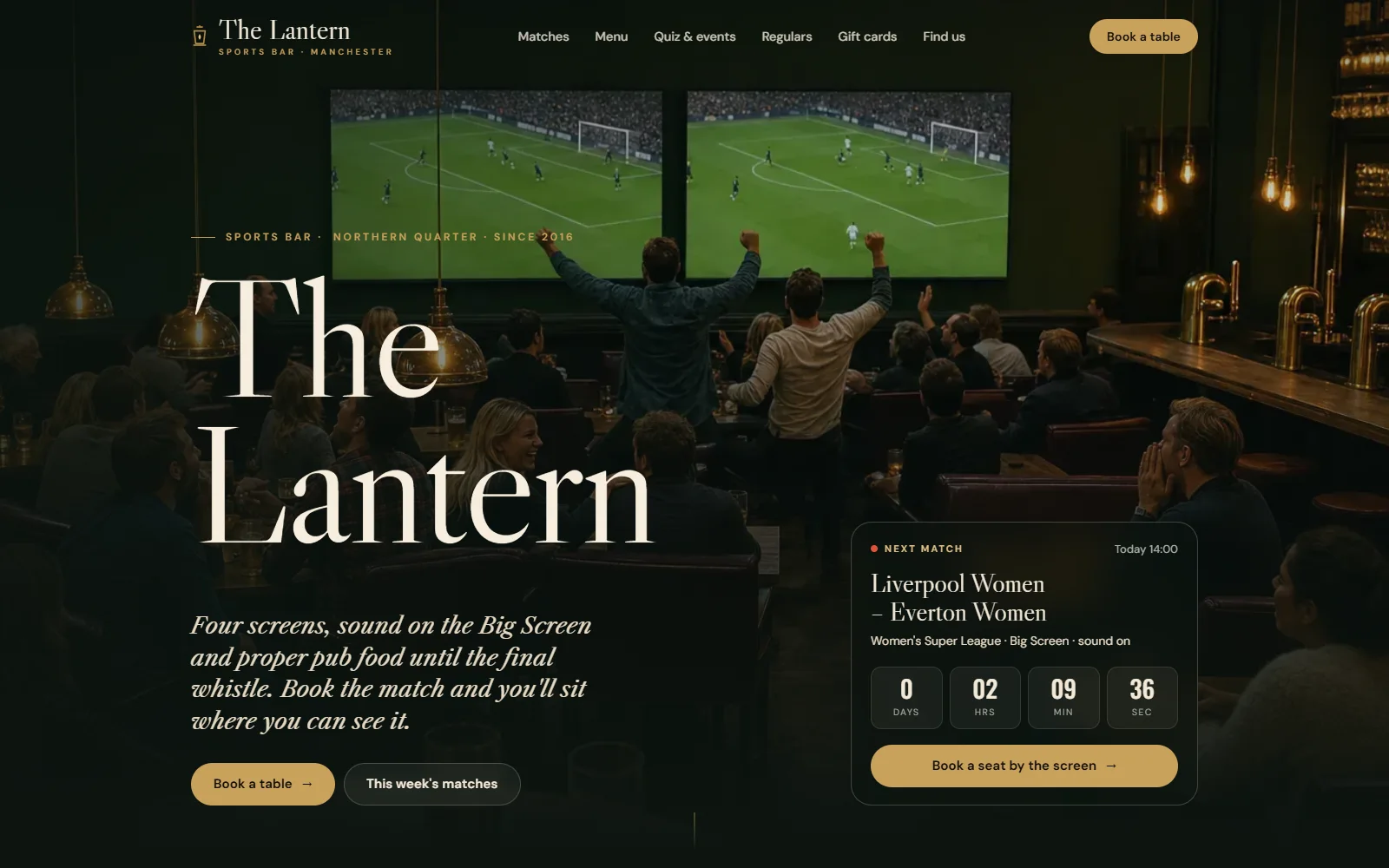 The Lantern's website built in Goboblo: an evening photo of the sports bar in the Northern Quarter, the next match with a countdown, and the Book a table and This week's matches buttons