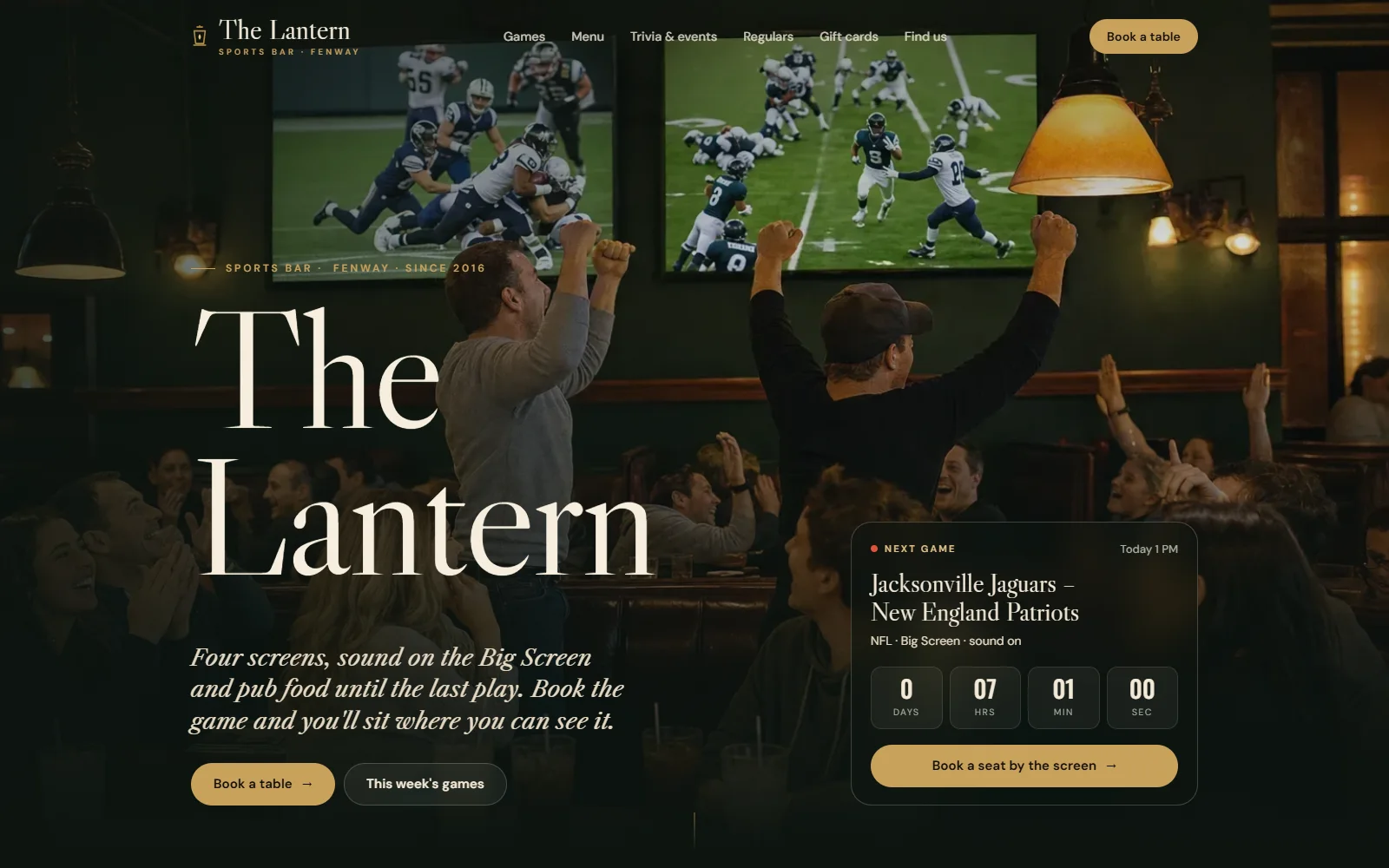 The Lantern's website built in Goboblo: an evening photo of the sports bar in Fenway, the next game with a countdown, and the Book a table and This week's games buttons
