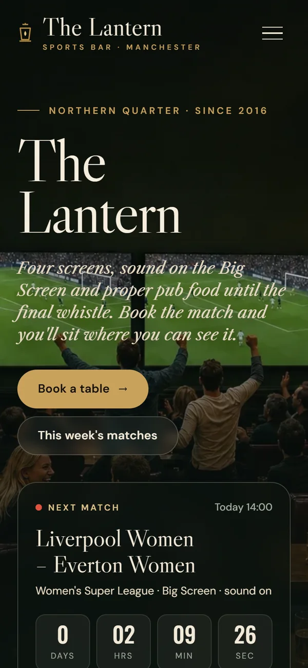 The Lantern's website in Manchester on a phone: Book a table, This week's matches and the next match with a countdown