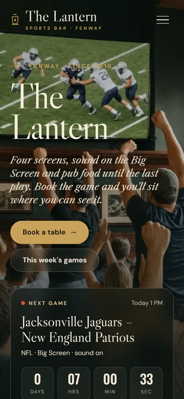 The Lantern's website in Boston on a phone: Book a table, This week's games and the next game with a countdown