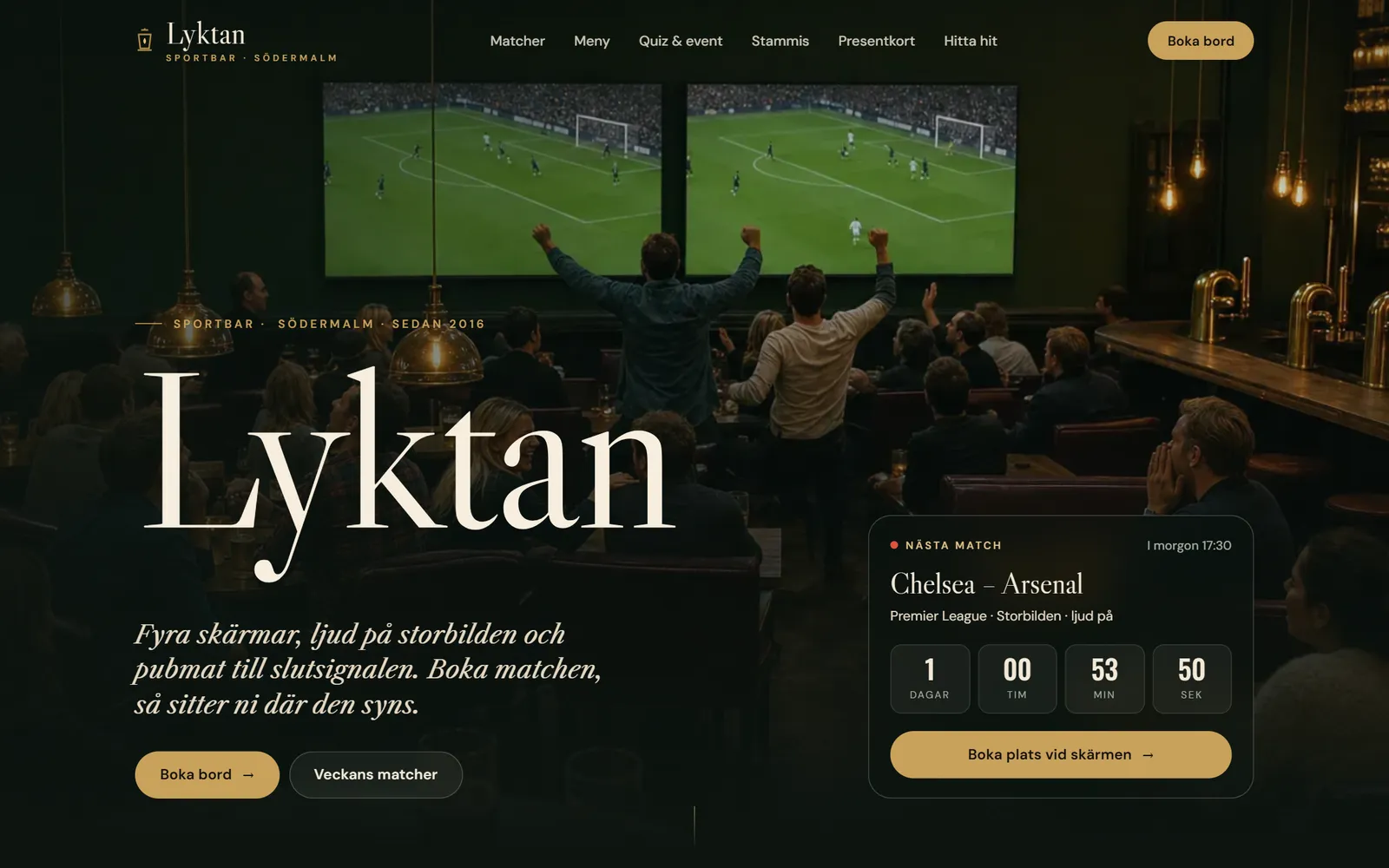 Exempelsportbaren Lyktans egen hemsida på datorn: nästa match med nedräkning och knappen Boka plats vid skärmen, veckans matcher under