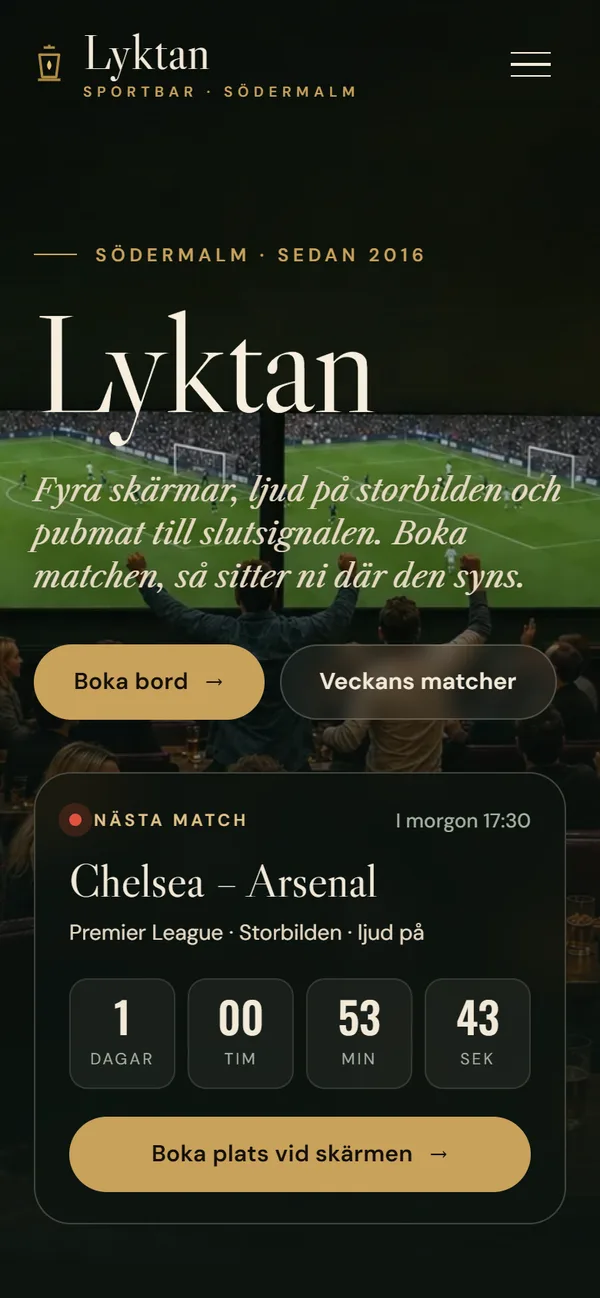 Lyktans hemsida i mobilen: nästa match Chelsea–Arsenal med nedräkning och knappen Boka plats vid skärmen