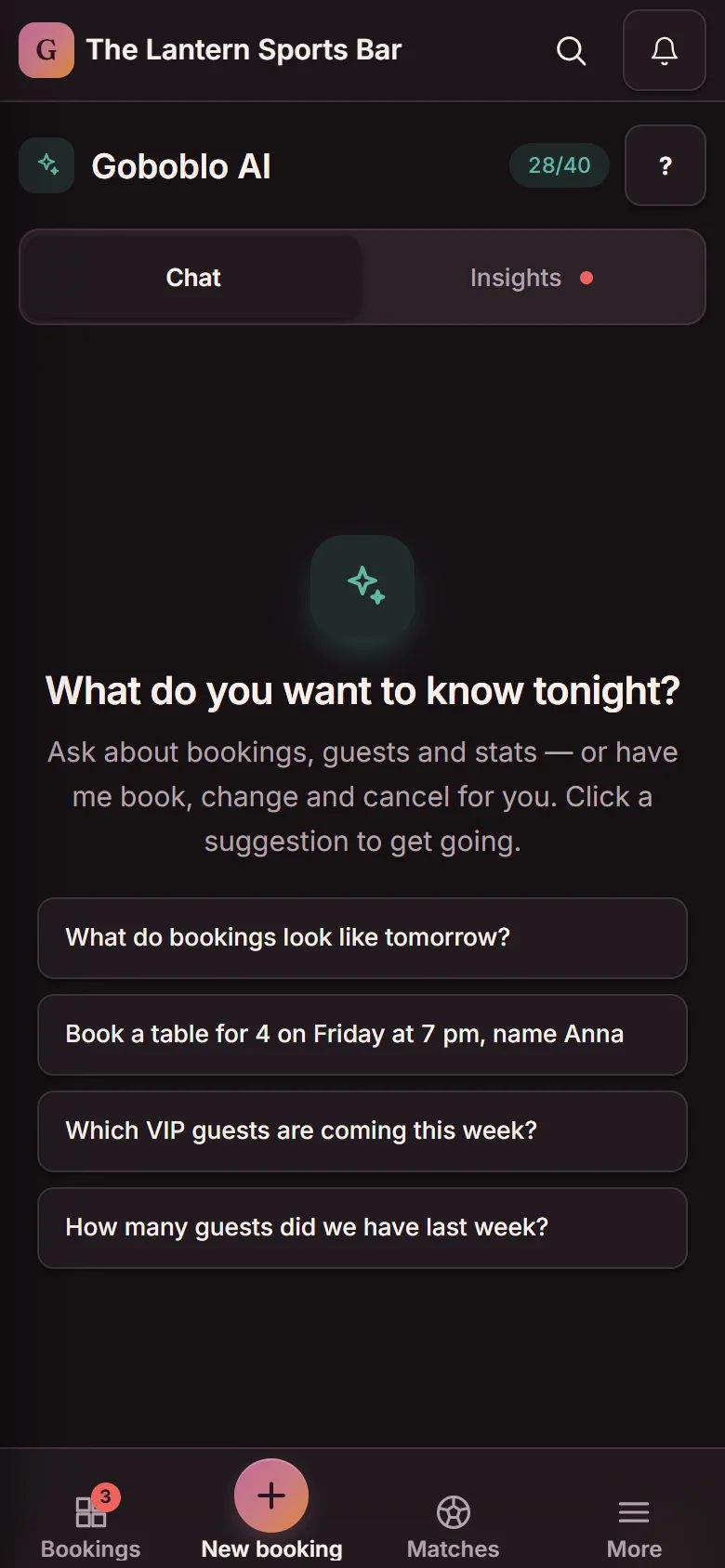 Goboblo AI in the Goboblo app on a phone at The Lantern, Manchester: the Chat and Insights tabs, the question "What do you want to know tonight?" and four suggested questions, from tomorrow's bookings to which VIP guests are coming this week