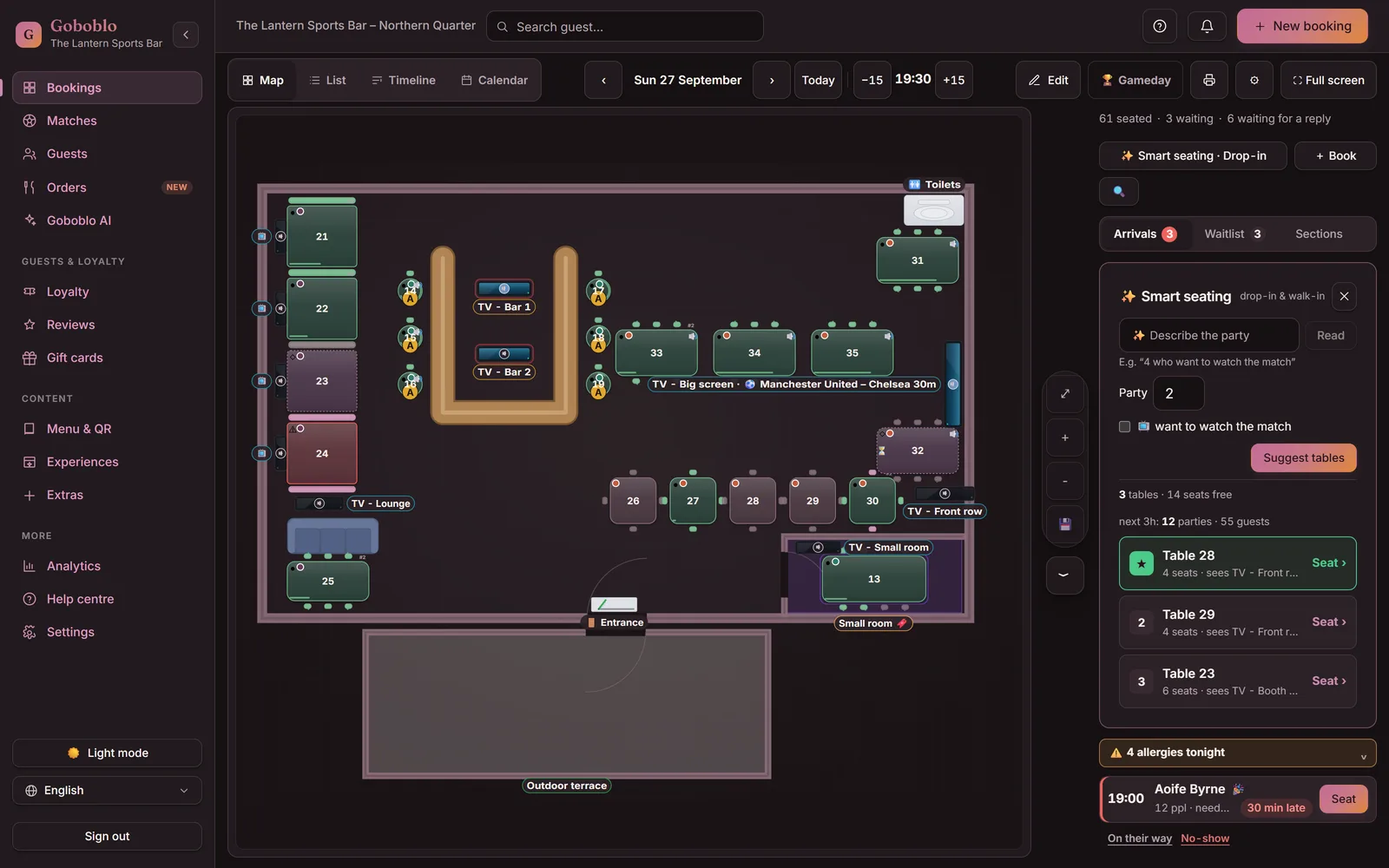 The floor plan in Goboblo on a laptop during evening service at The Lantern, Manchester: 61 seated, 4 of 22 tables free, 3 waiting, Smart seating and the Full screen and Edit buttons