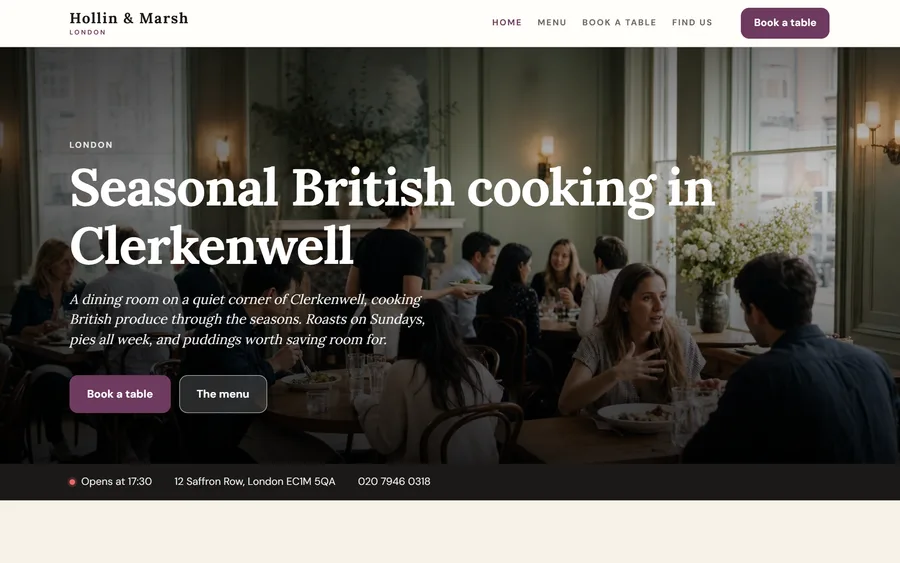A finished restaurant website built in Goboblo: Hollin & Marsh in London, with a photo of the busy dining room, the heading “Seasonal British cooking in Clerkenwell”, buttons for booking a table and the menu, and a bar with the opening time, address and phone number