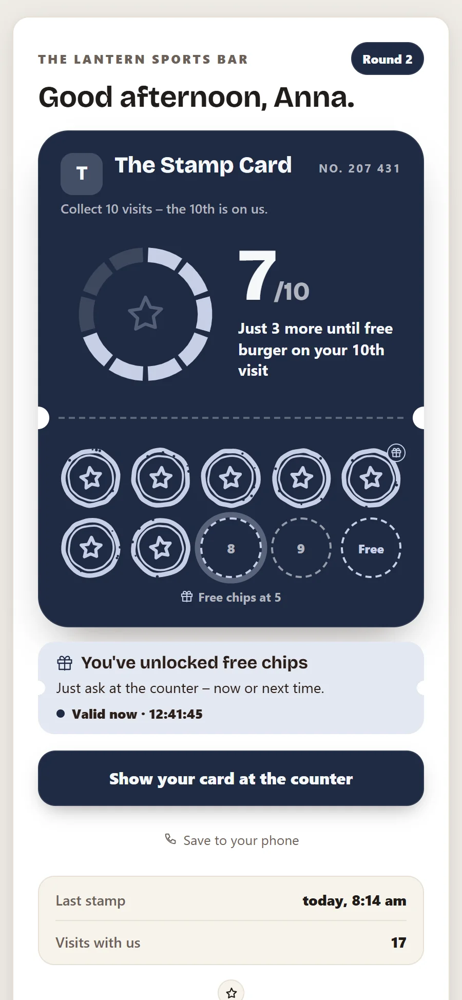 Digital stamp card on the guest's phone at The Lantern: 7 of 10 stamps towards a free burger and a QR code to show at the till