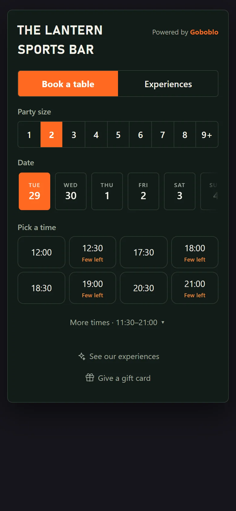 The same booking widget in the dark Bold style: capital letters, an orange button, and the same party size, date and open times