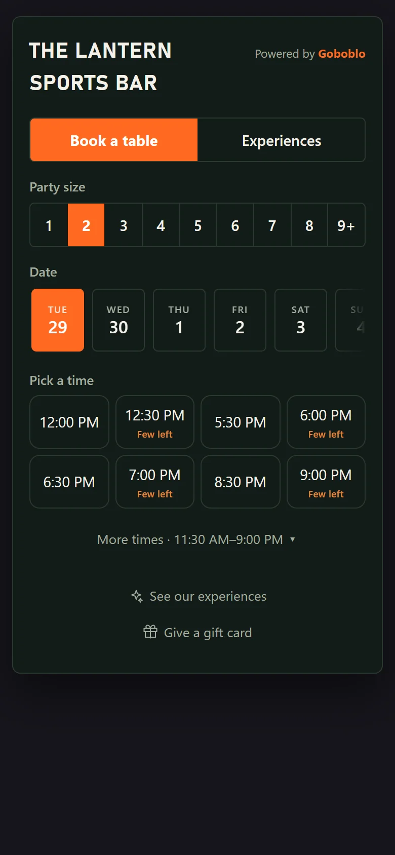 The same reservation widget in the dark Bold style: capital letters, an orange button, and the same party size, date and open times