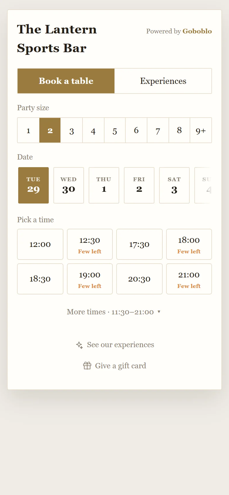 The booking widget for The Lantern, Manchester, in the light Elegant style: serif type, a gold button, party size, date and open times from 12:00 to 21:00