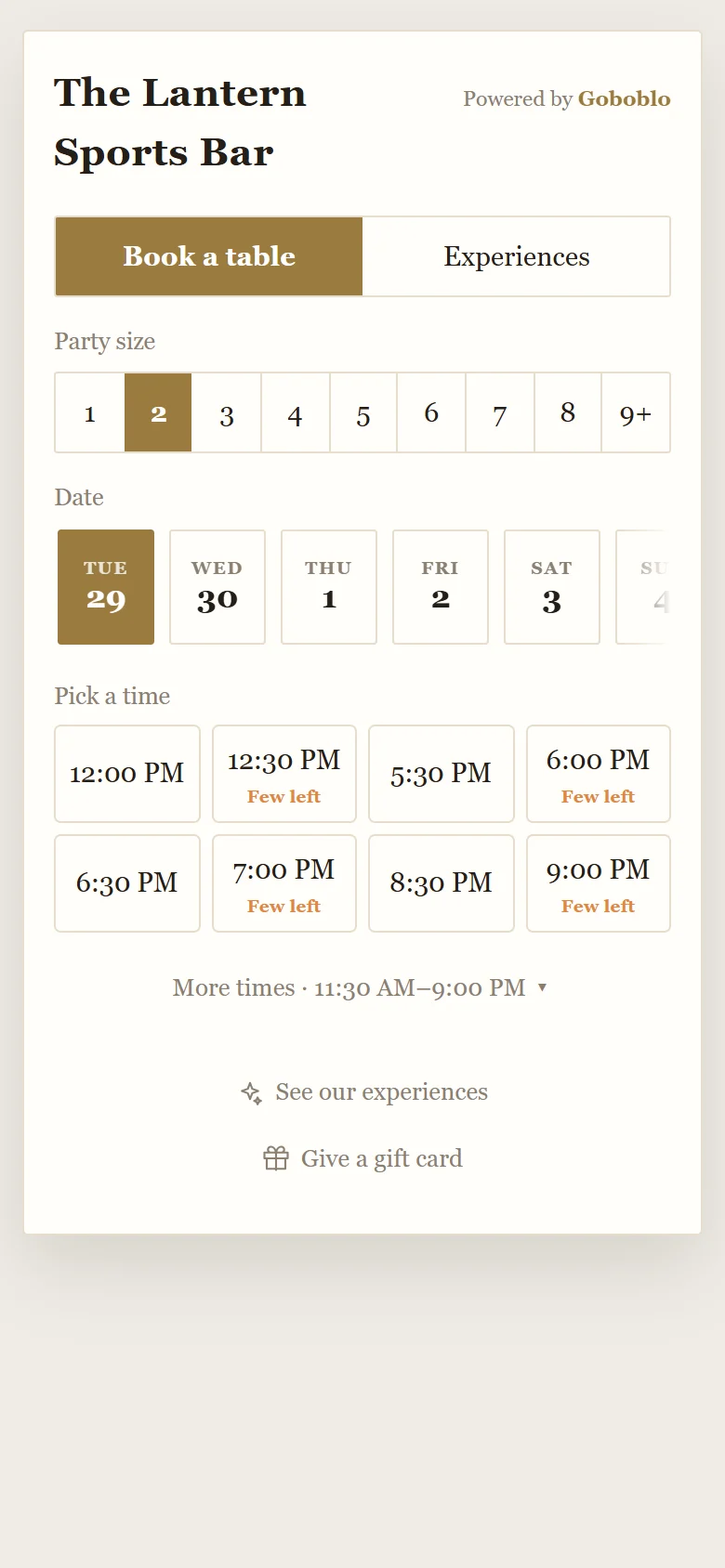 The reservation widget for The Lantern, Boston, in the light Elegant style: serif type, a gold button, party size, date and open times from 12:00 PM to 9:00 PM