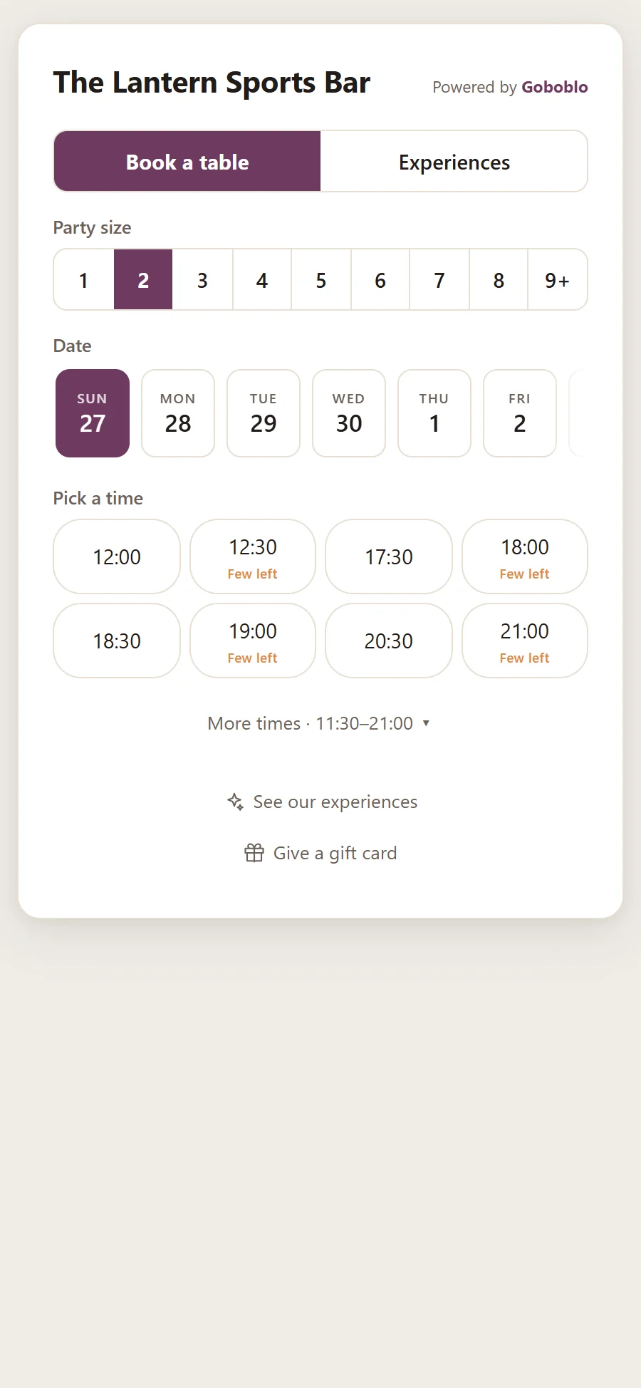 The booking widget on The Lantern's site: party size, date and free times for lunch and dinner