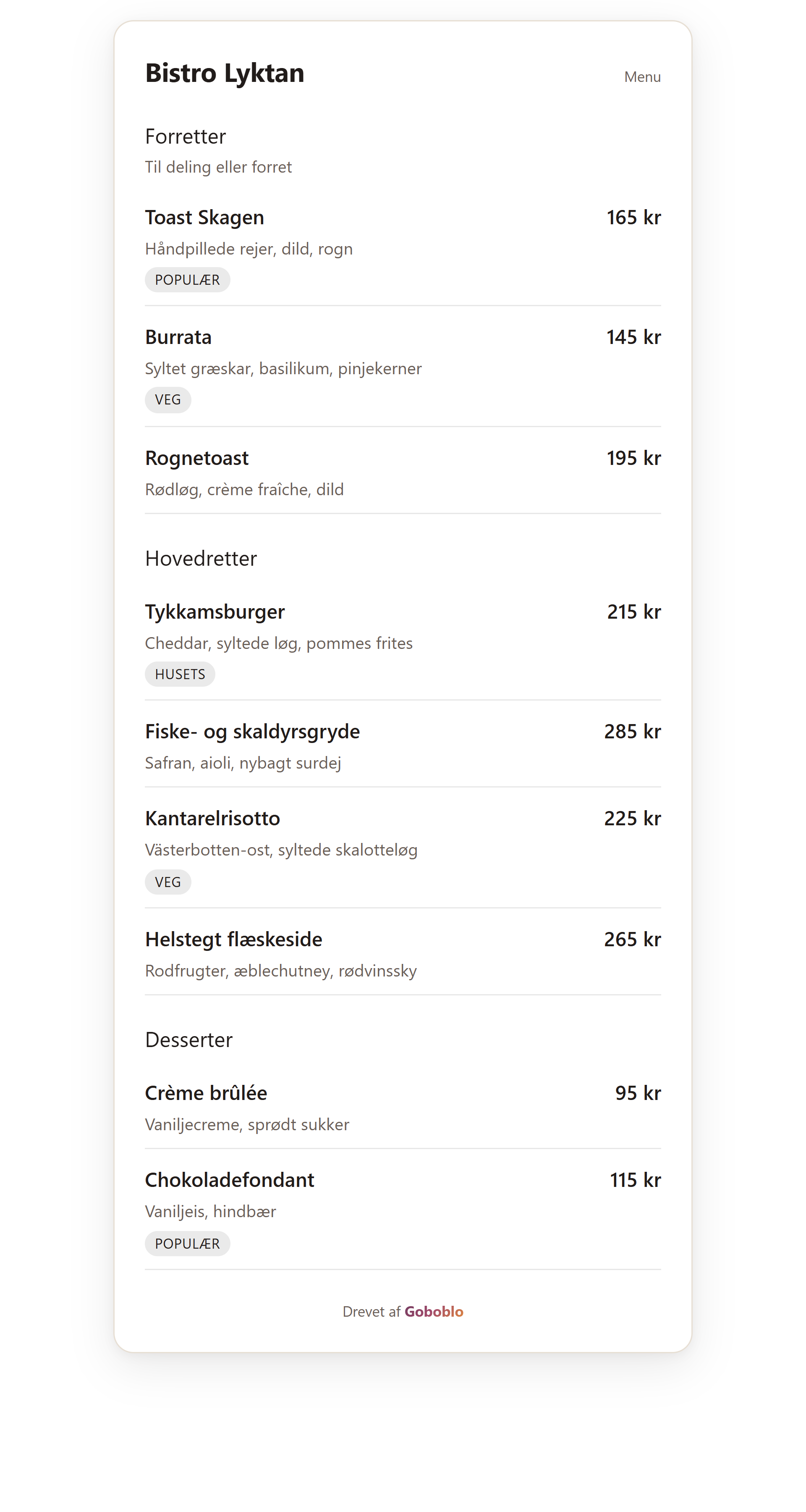 QR-menuen i gæstens mobil med retter, priser og allergener