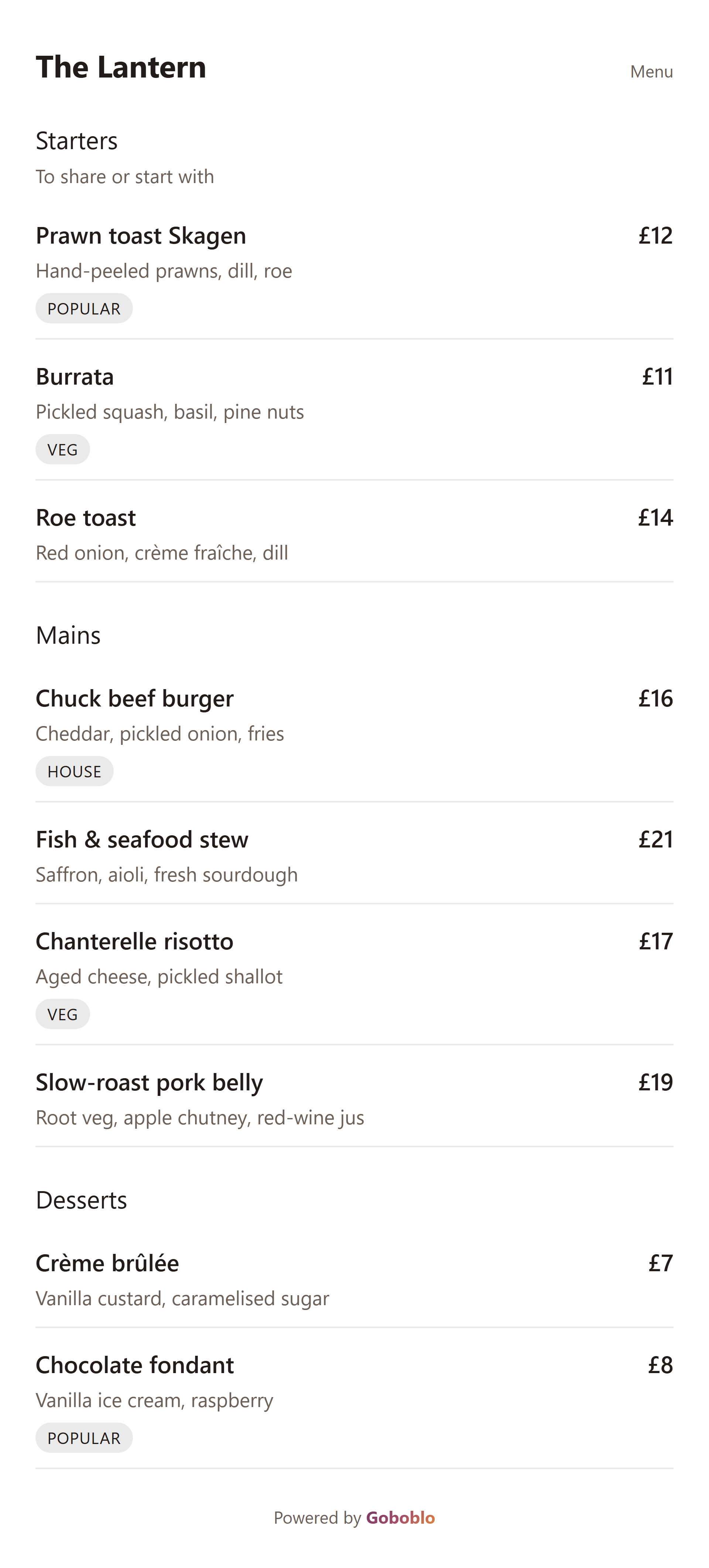 The QR code menu in the guest's phone with dishes, prices, and allergens — The Lantern