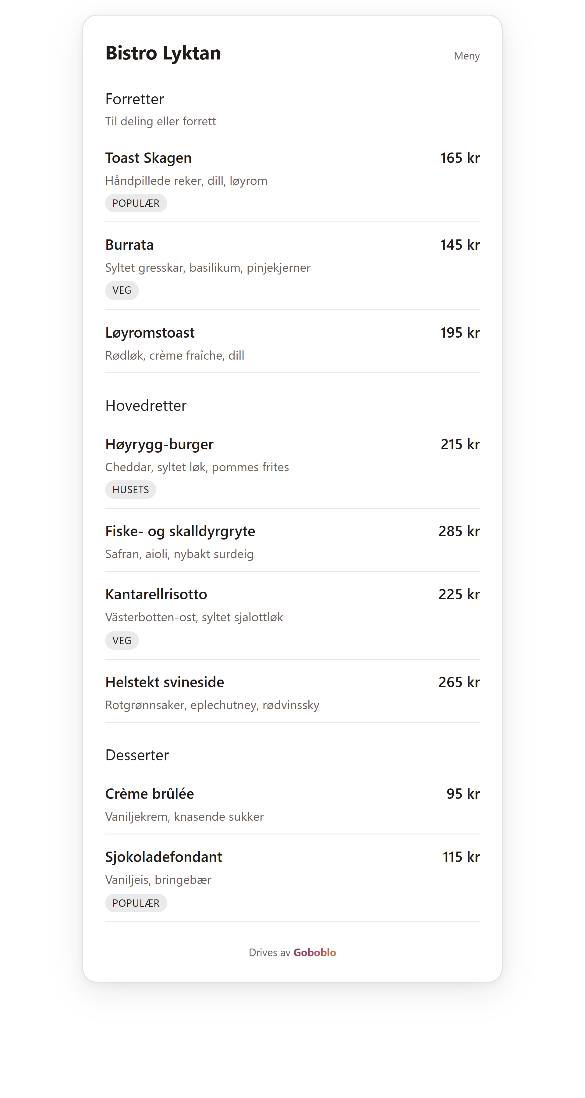 QR-menyen i gjestens mobil med retter, priser og allergener