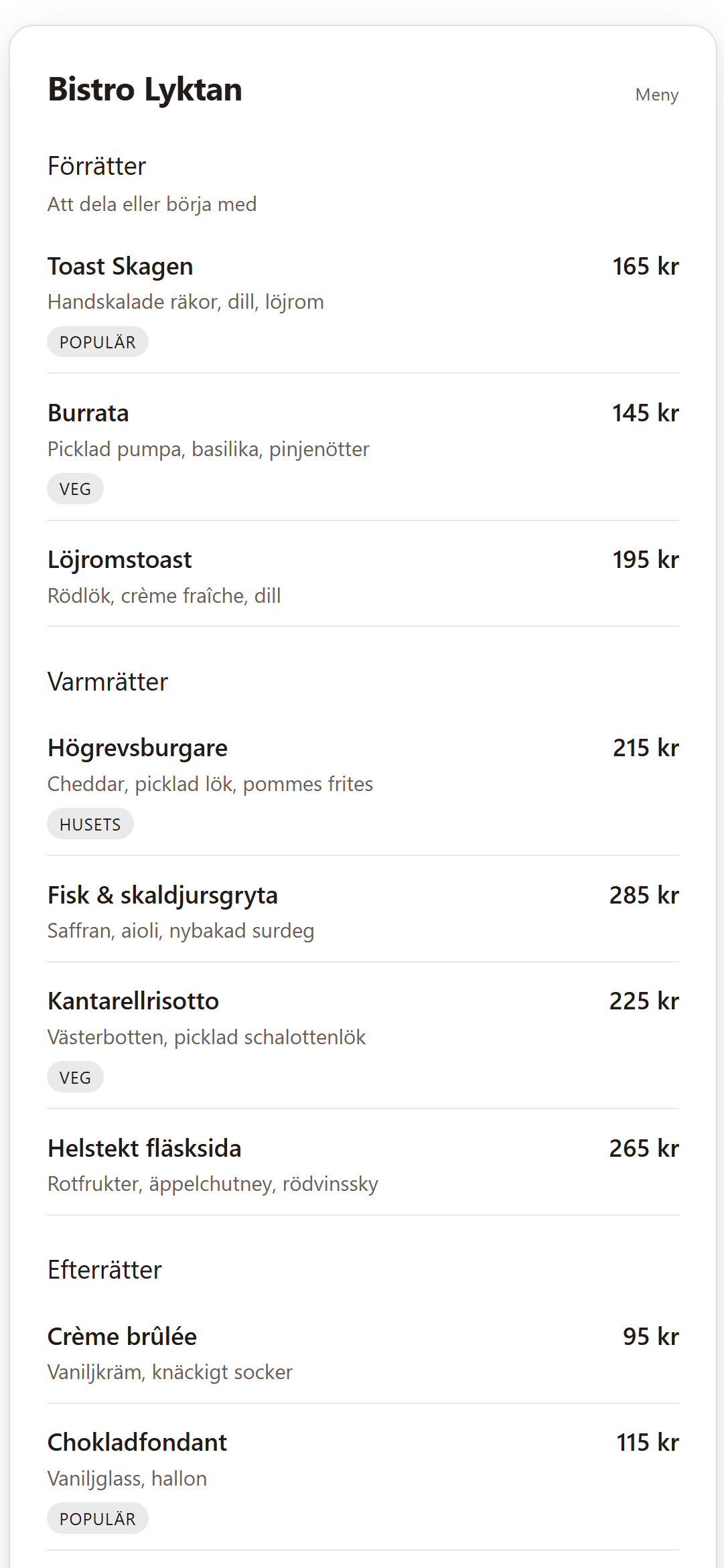 QR-menyn i gästens mobil med rätter, priser och allergener — Bistro Lyktan